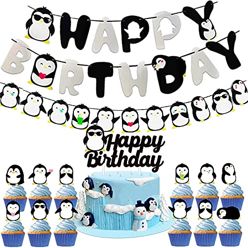 27 PCS Penguin Birthday Party Decoration Penguin Birthday Banner Penguin Birthday Cake Topper Penguin Cupcake Toppers Penguin Party Supplies