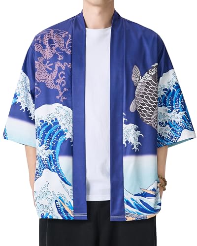 Image of PRIJOUHE Men's Lightweight Kimono Jacket Seven Sleeve Open Front Cardigan Coat Japanese Style Bathrobe