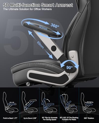 Big and Tall Office Chair, 600lbs Heavy Duty Desk Chair with 5D Arms and Adjustable Lumbar Support, PU Leather High Back Ergonomic Executive Home Office Computer Chair with 3'' Silent Casters