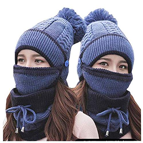 3 in 1 Winter Knitted Beanie Hat Scarf Mouth Mask Set for Women Girls, Warm Fleece Lined Ski Cap with Pompom Neck Warmer (Blue)