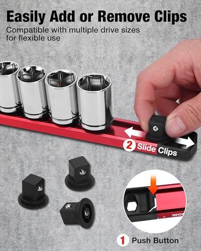 Image of WORKPRO Magnetic Socket Organizer, 1 /2 inch Drive Aluminum Alloy Socket Holder with 10 PC Removable Socket Clips for Quick Customization, Socket Rail for Tool Box Drawer (Sockets Not Included)