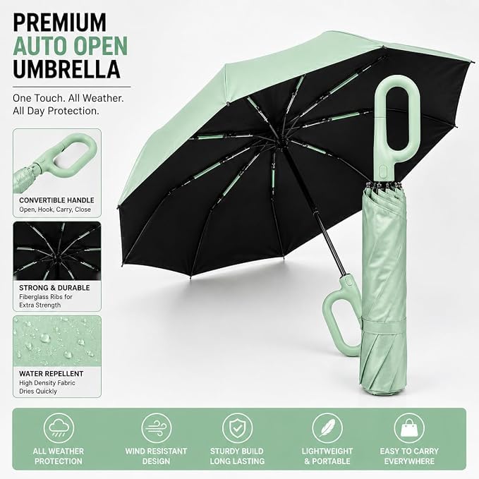 Image of LANBRELLA Portable & Folding Travel Umbrella, 3 Fold, Auto Open Close, Water Resistant, Windproof, with Carrying Handle