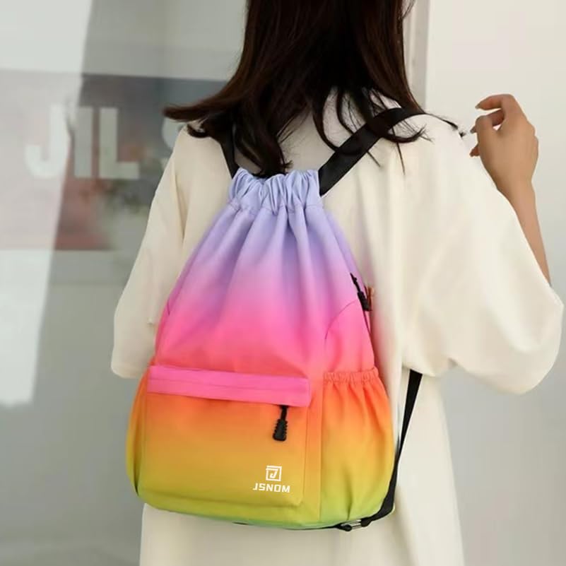 JSNOM Drawstring Gym Bags Waterproof : Large Sports Travel Yoga School Rucksack Backpack with Zip Pocket for Men Women (Rainbow, L) - Image 4