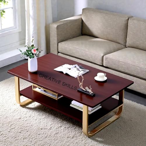 Image of Engineered Wood Coffee Table with Metal Base & 2 Tier Storage | Modern Rectangle Center Table for Living Room Sofa Set | Easy DIY Assembly (90 x 48 x 48 cm) (Brown Gold)