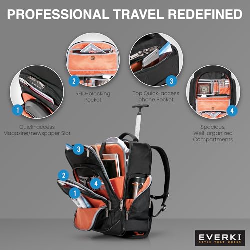 Image of EVERKI Atlas Wheeled 30L Laptop Backpack - Rolling Backpack for Men & Women, Carry-On Travel Roller Backpack for Laptops, Fits 13 to 17.3 Inches with Adjustable Compartment for Business & Work - Black