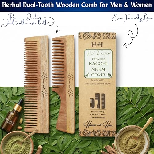 Image of Humus & Hue Premium Oil Treated Kachhi Neem Wooden Comb Set Pack of 2, Neem Comb for Hair Growth, Hair fall & Dandruff Control, Detangling comb, anti static Wooden Hair Comb for Women and Men | Dual & wide tooth comb handle