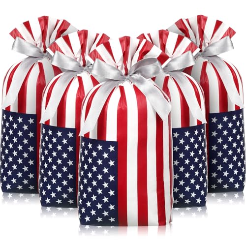 Clysee 100 Pcs Patriotic Gift Bags Bulk with Drawstring 4th of July Plastic American Flag Treat Goodie Bags USA Red Blue and White Candy Pouches Independence Day Patriotic Party Favors Supplies