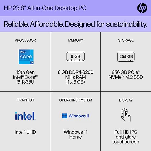 Image of HP 23.8 inch All-in-One Desktop PC, FHD Display, 13th Generation Intel Core i5-1335U, 8 GB RAM, 256 GB SSD, Intel UHD Graphics, Windows 11 Home, 24-cr0070 (2023)