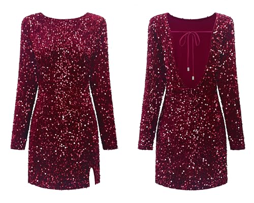 Image of R.Vivimos Women's Sequin Bodycon Dress Fall Winter Velvet Warm Long Sleeve Crew Neck Sexy Backless Glitter Slit Mini Dress