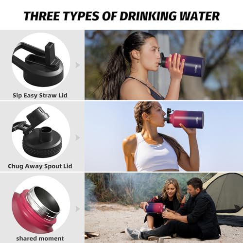 Image of 64oz Insulated Water Bottle (Cold for 48 Hrs),BPA Free&Leak Proof,Half Gallon Stainless Steel Water Flask,Water Jug with Straw Spout Lids for Gym,Hiking,Camping,Red Purple