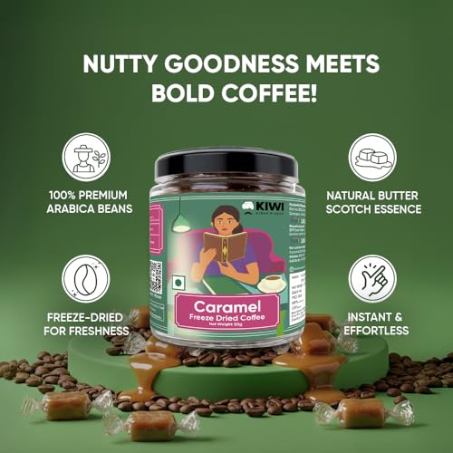 Image of KIWI Kisan Window Caramel Freeze-Dried Instant Coffee, 50g | 100% Arabica | Sourced from Coorg, Karnataka | Smooth Caramel Aroma & Flavour | Easy to Brew Cafe-Style Coffee