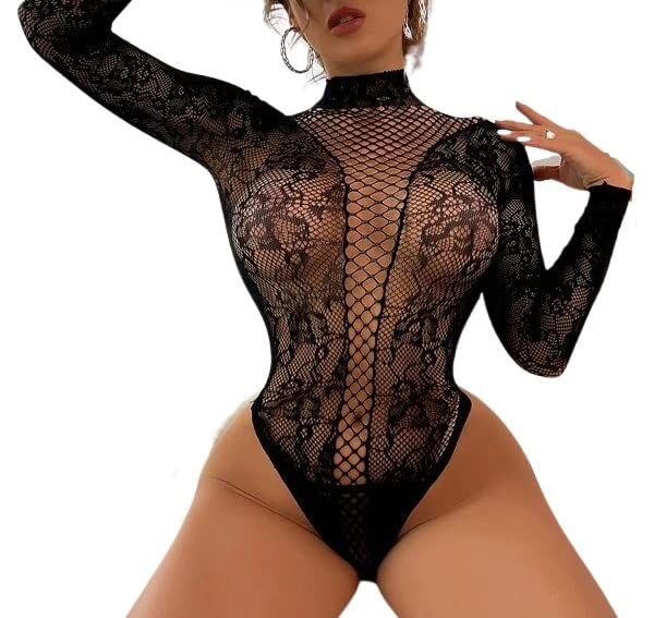 Damen Blumen Fishnetz Teddy Body Babydoll Hochgeschnürter Netz Babydoll Dessous Rückenfrei Langarm Clubbekleidung Top Leotard