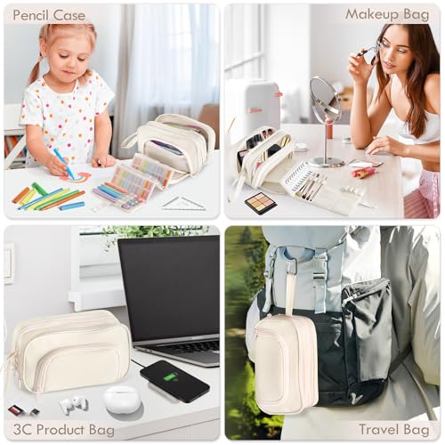 Image of Large Capacity Pencil Case with Pull-out Structure - Multifunctional Extra Big Pencil Pouch Pen bag, Portable Stationery Organizer with Zipper, Office School Supplies for Boys Girls, White