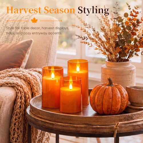 Image of Homemory Halloween Orange Flameless Candles, Acrylic, Remote Timer, 3 Pack | Flameless LED pillar candles, battery operated candles, D3 inchxH4 inch /5 inch /6 inch, remote timer, Halloween, fall decor, Thanksgiving