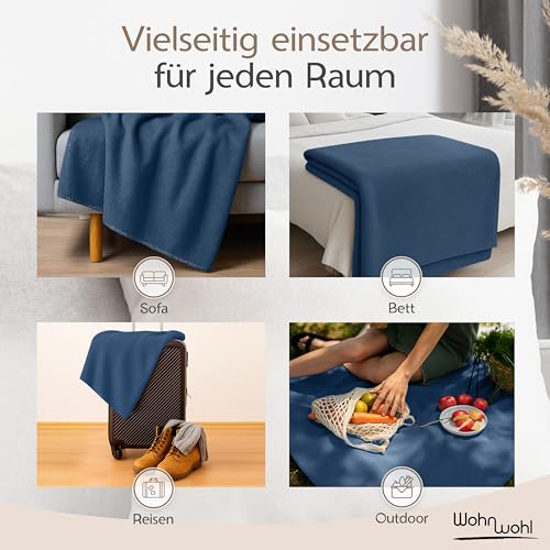 WOHNWOHL® Kuscheldecke (150x200cm) • Weiche Tagesdecke • Sofadecke • Wohndecke • Schlafdecke • Oeko-Tex zertifizierte Baumwolldecke • Samtig weiche Decke • Farbe: Kobalt