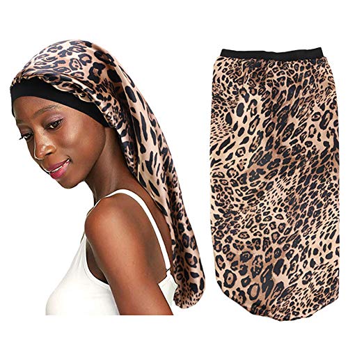 Extra Long Satin Bonnet Sleep Cap Long Bonnet for Braids Hair Loose Cap (Leopard)