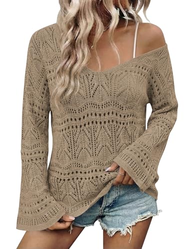 Image of Cakulo Womens Summer Crochet Tops Boho Off Shoulder Sweaters Lightweight V Neck Loose Vacation Resort Wear 2026
