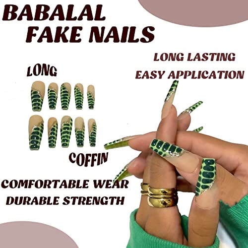Babalal Press On Nails Long Coffin Fake Nails Green Glue On Nails French Tip Acrylic Nails 24Pcs Ballerina Long False Nails With Crocodile Pattern Design Nails For Women And Girls #TOP5