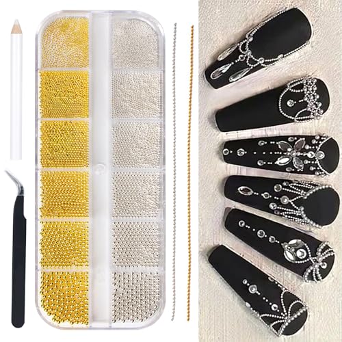 LunarCharm Kaviarperlen für Nägel, goldene Nagelanhänger, Nagelkaviarperlen, 2 Nagelketten für DIY Nagelkunst, Nagelschmuck, Nagelperlen für Nagelkunstzubehör mit Nagelpinzette