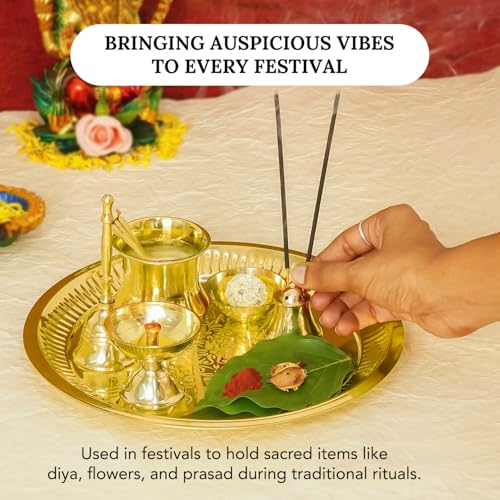 Image of Ekhasa 100% Pure Brass 10 Inch Pooja Thali Set | Puja Thali Set for Home Or Gifting | Brass Aarti Thali For Pooja, Mandir, Wedding, Festivals | Pital Pooja Set Items For Home Decorative | Peetal Plate