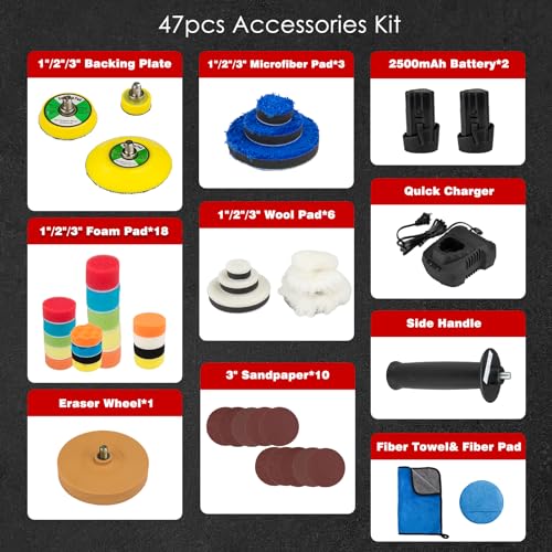 Image of Cordless Buffer Polisher, 12V Mini Wax Buffer & Sander with 2 X 2.5Ah Battery & Charger, 1 /2 /3 inch Backing Plate, 40pcs Polishing Pads, Variable Speed for Car Detailing /Buffing /Sanding /Waxing