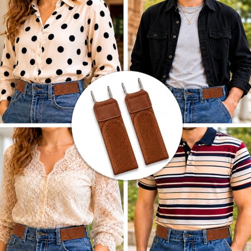 Image of PUJI Buckleless Belt for Men & Women - Elastic Stretch Waist Belt with Metal Hook, Invisible Everyday Work Belt, Black, Brown, White (2 pcs)