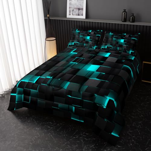 Image of Nttopship Neon Turquoise Black Comforter Set Queen Geometric Kids Bedding Set,3 PCS Geometry Honeycomb Bed Set Modern Quilt Set 1 Comforter 2 Pillow Cases Cool Room Decor All Season B-Side Black