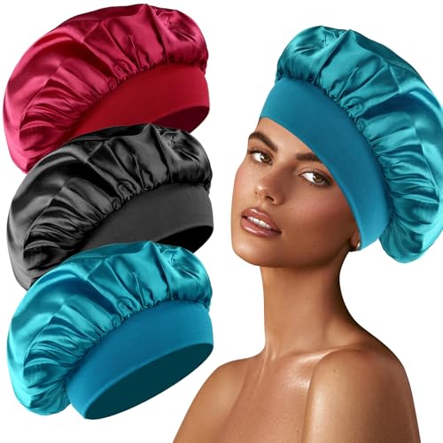 3 Stück Seidenhaube zum Schlafen, Schlafhaube Seide Silk Bonnet Satin Bonnet Sleep Cap Schlafhaube Haare Schützen Lockenhaube zum Schlafen Bonnet Seide Satin Haarhaube für Die Nacht(Schwarz,Blau,Rot)
