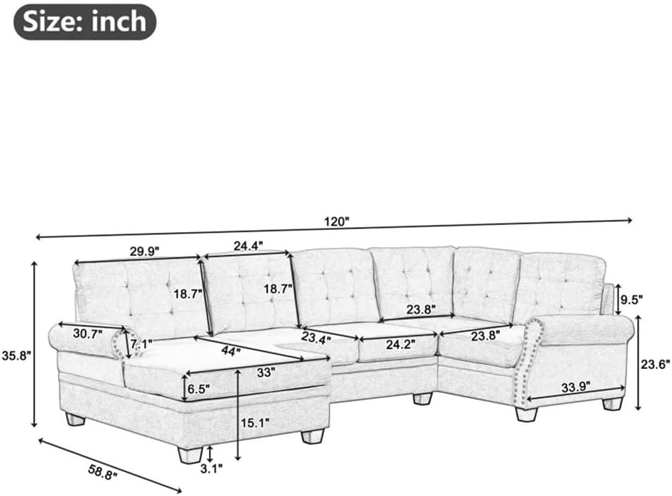 120" U-Shaped Sofa,Upholstered Linen Fabric,Corner Sectional with Tufted Back Cushion,for Living Room,Office