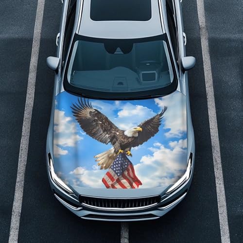 Image of Car Hood Cover Protector Waterproof Stretchable Car Hood Wrap Blanket Auto Patriotic Decorations Automotive Exterior Accessories (American Flag Bald Eagle Design)