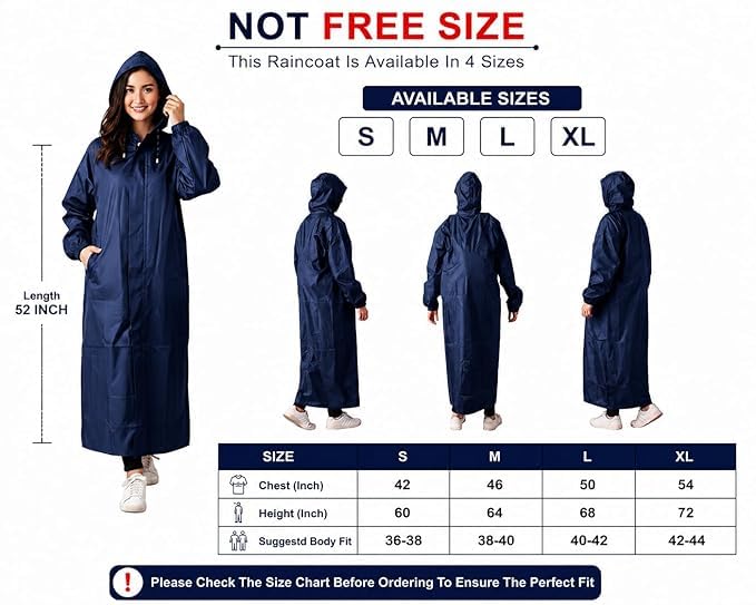 Image of Women's Waterproof Rain Coat, Blue, Full Length, Polyester, Adjustable Hood, Side Pockets, Free Size