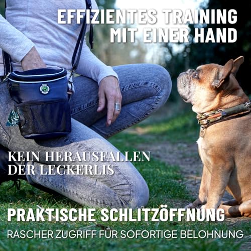 GIZZY® DAS ORIGINAL | Leckerlitasche für Hunde + REGENHAUBE | Leckerlibeutel für Hunde mit praktischer Einhand-Öffnung | Hunde Leckerlitasche für Training & Welpenerziehung | Gassi Tasche Hund [Blau]