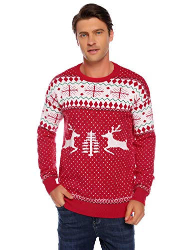 Abollria Family Matching Christmas Sweater Round Neck Reindeer Snowflakes Knitted Ugly Sweater Pullover (Dad,Mom,Kids) Red,Men-Medium