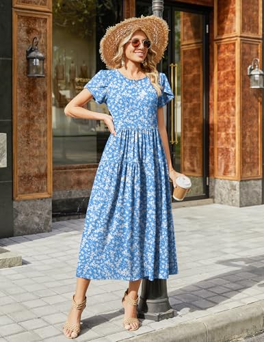 Image of Zeagoo Summer Dresses for Women 2026 Maxi Bohemian Floral Short Sleeve Long Dress Casual Flowy Tired Beach Sundress