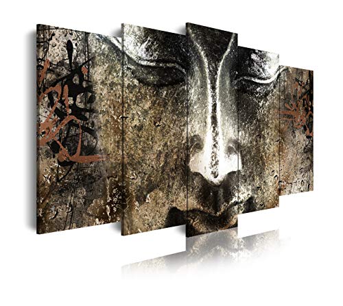 DekoArte 423 - Cuadros Modernos Impresión de Imagen Artística Digitalizada | Lienzo Decorativo para Tu Salón o Dormitorio | Estilo Cara Buda Zen Piedra con Letras Chinas | 5 Piezas 200 x 100 cm XXL