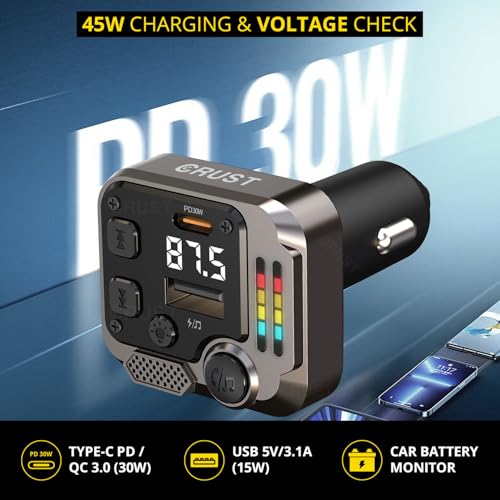 Image of CRUST CS60 Car Bluetooth Receiver Device for Music System, FM Transmitter, Big Mic for Hands-Free Calling, 45W PD /USB Fast Car Charger, BT v5.3, Music-Sync Lights, USB MP3 Playback, Metal Rim Design