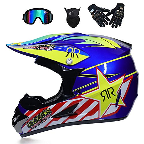 NOMEN Adulto Motocross Casco MX Moto Casco ATV Scooter ATV Casco d. o. T Certificado Rockstar Gafas máscara Guantes (S, M, L, XL),S