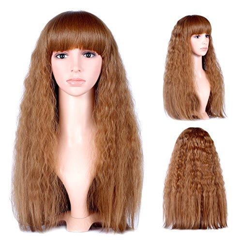 Dreamlover Light Brown Loose Wavy Long Wigs, Full Bang Light Curly Wig with Free Wig Cap
