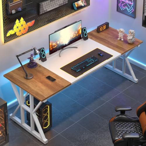Image of 63 inch Large Computer Desk with Thickened Frame for Home Office, Living Room | Modern Simple Executive Desk, Larger Gaming Desk with X-Shaped ReInchforcement, Brown /White