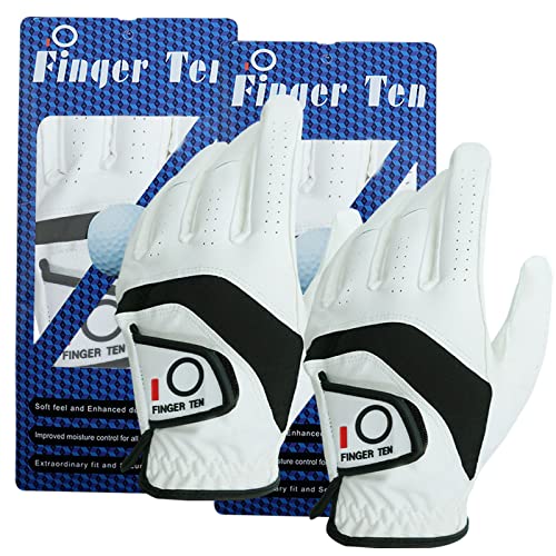 FINGER TEN Golf Gloves Men Right Handed Golfer Leather All Weather Grip Value 2 Pack, Mens Golf Glove Left Hand Soft Breathable Flexible for Golfers Size Small Medium ML Large XL (White, ML, Left)…