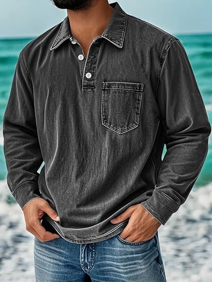 Mokaloha Mens Long Sleeve Shirts, Pacificozy Men's Retro Distressed Lapel Stand Collar Pocket Casual Long-Sleeved Shirt3