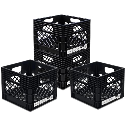 Organize-It! 4 Pack Storage Milk Crate, Heavy Duty Versatile Box Organizers With Easy-Grip Handles, Interior 12.25'L X 12.25'W X 10.5'H, Black