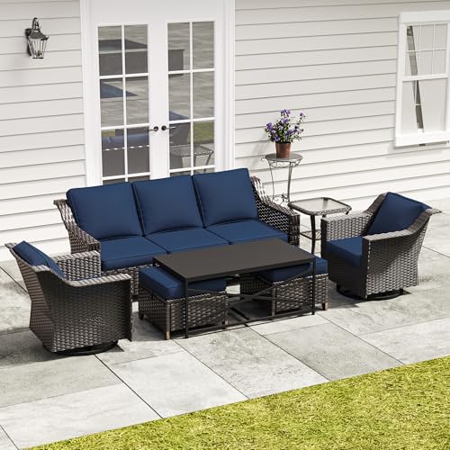 Image of 7 Pieces Outdoor Conversation Furniture Set - 77 inch Patio Sofa, 2 Swivel Rocker Chairs, 2 Ottomans, 1 Side Table, 1 Metal Table, Wicker Couch with Washable Cushions for Balcony (Navy Blue) | Patio Chair Set with Olefin Removable Cushion, All-Weather Outdoor Couch with Deep Seat for Porch, Deck and Backyard, Blue