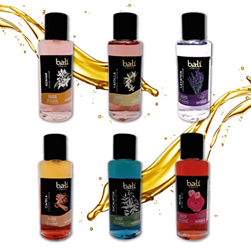Bali fragancias Pack de Esencias al Aceite de Aroma Mixto para Humidificador. Set de Ambientadores Frescos en Esencia para Difusor. Aceite Natural para Quemador de Aromaterapia. 50 ml. 6 Unidades