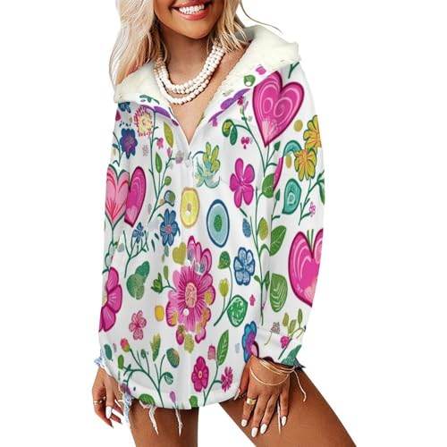 Manteaux Polaire Femme à Fleurs Rétro Veste Chaude Rose et Vert