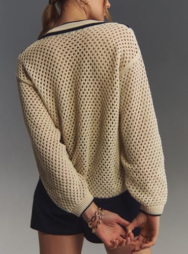 Image of Ladyful Women's Crochet Tops Deep V Neck Long Sleeve Lightweight Knit Pullover Cover Up Hollow Out Blouse