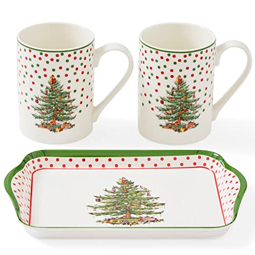 Pimpernel Spode Christmas Tree Polka Dot Mug And Tray Set | 3-Piece Mug And Tray Gift Set | 10 Oz Coffee Mugs And 8" Tray | Made Of Porcelain And Melamine | Dishwasher Safe #TOP14