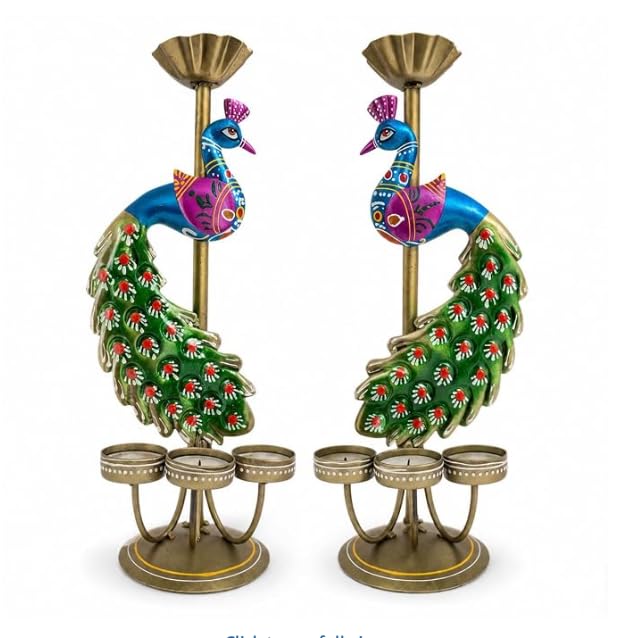 Metal Peacock Tealight Candle Holder Set of 2 | Decorative Peacock Candle Stand Pair for Diya, | Table Décor for Living Room, Pooja, Diwali & Gifting | 15 × 35 cm (Pair Stand)-image-0