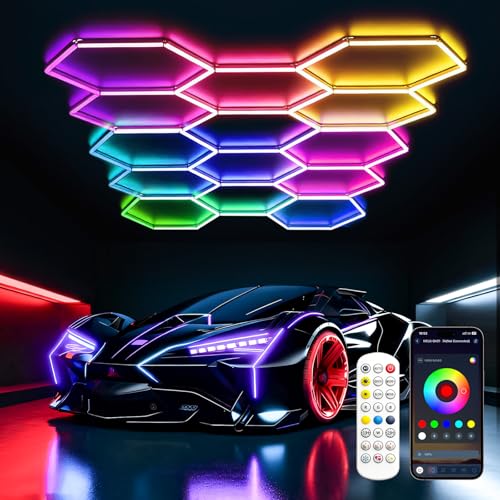 Illuminazione esagonale a LED RGB, 513W luci da soffitto esagonali per garage super luminose, dimmerabili e collegabili con telecomando/app per per sale giochi, bar, feste, palestre garage (14 Hex)