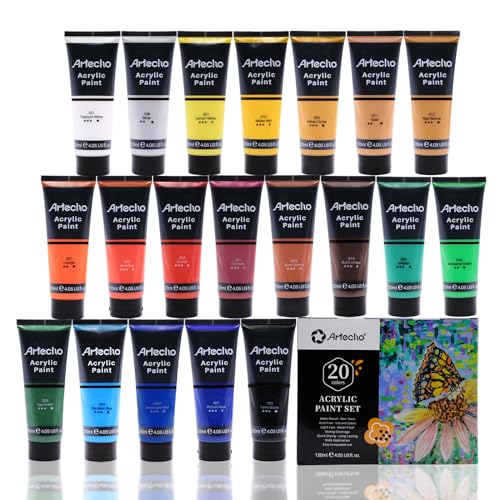 Artecho Professional Acrylic Paint Set, 20 Primary Colors (120ml / 4.05oz) Tubes, Art Craft Paints for Canvas, Rock, Stone, Wood, Fabric, Art Supplies